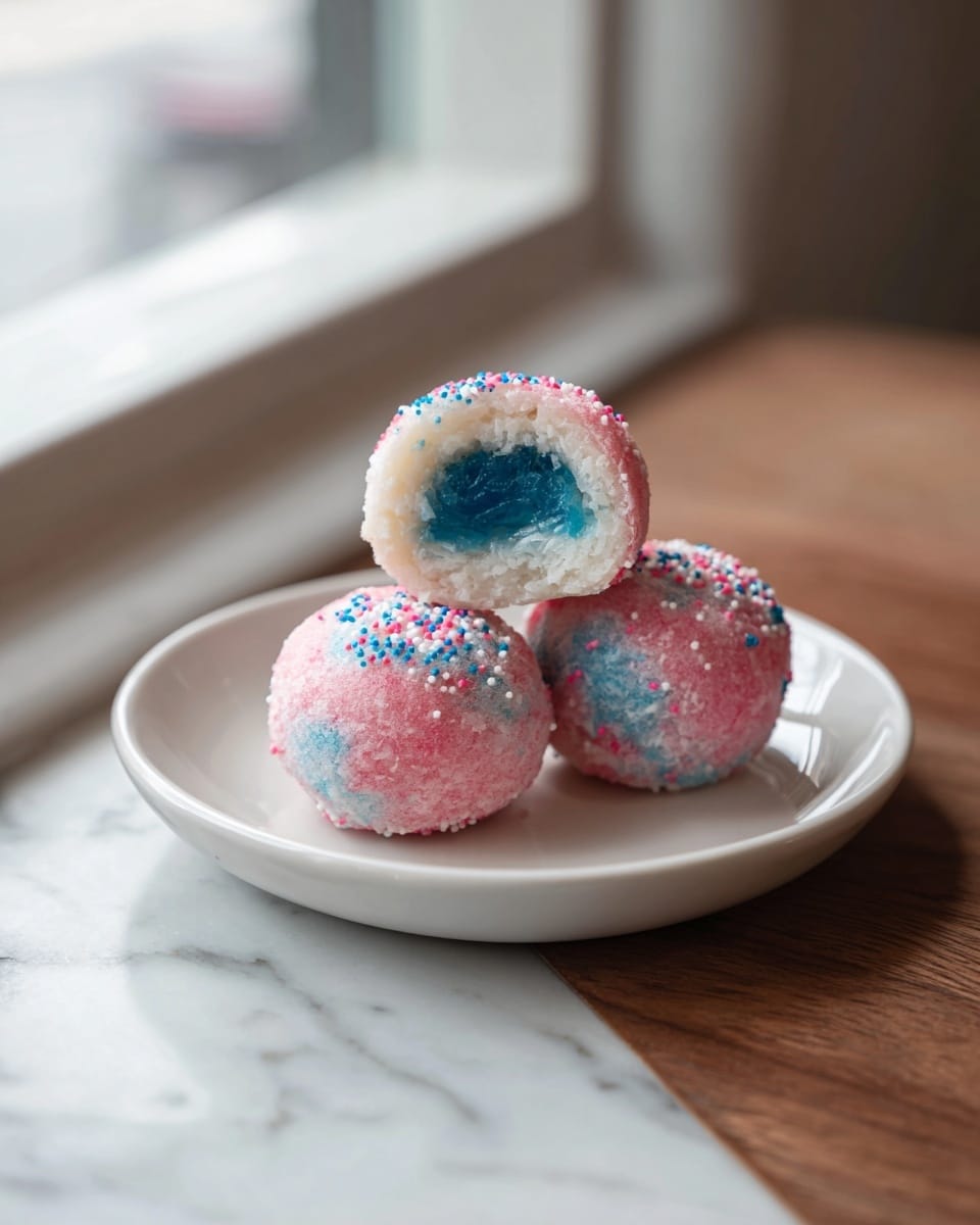 Three round rice balls sit stacked on a white plate, each with three layers: the outer layer is pink with a soft, bumpy texture covered in tiny sprinkles in pink, blue, and white; inside this is a thin white layer, rough and grainy; at the center is a bright blue, smooth, and moist core. Two of the rice balls are whole, while the one on top and the one on the right have bites taken out, showing the colorful inner layers. The plate rests on a wooden table with a soft light coming from a window and a white marbled surface in the background. Photo taken with an iphone --ar 4:5 --v 7