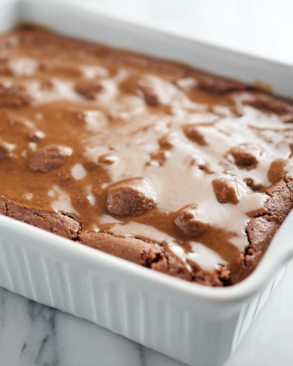 A close-up view of a baking dish filled with a single layer of soft, bumpy brown cake with a shiny, light tan glaze spread unevenly over its top, creating a wet look that pools slightly in the crevices. The edges of the cake are raised and cracked in places, showing a moist texture underneath. The white baking dish has ridges on the side and is placed on a white marbled surface. photo taken with an iphone --ar 4:5 --v 7