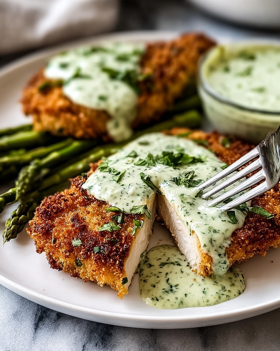 A white plate holds two pieces of breaded, golden-brown fried chicken cutlets with a crispy texture, topped with a thick layer of light green creamy herb sauce sprinkled with chopped green herbs. One cutlet has a wedge cut out, showing the white, juicy chicken inside. Behind the cutlets, there is a bundle of cooked green asparagus spears, and a small bowl filled with the same green herb sauce. A silver fork pierces the sauce on the cutlet at the right side. The plate sits on a white marbled textured surface. Photo taken with an iphone --ar 4:5 --v 7