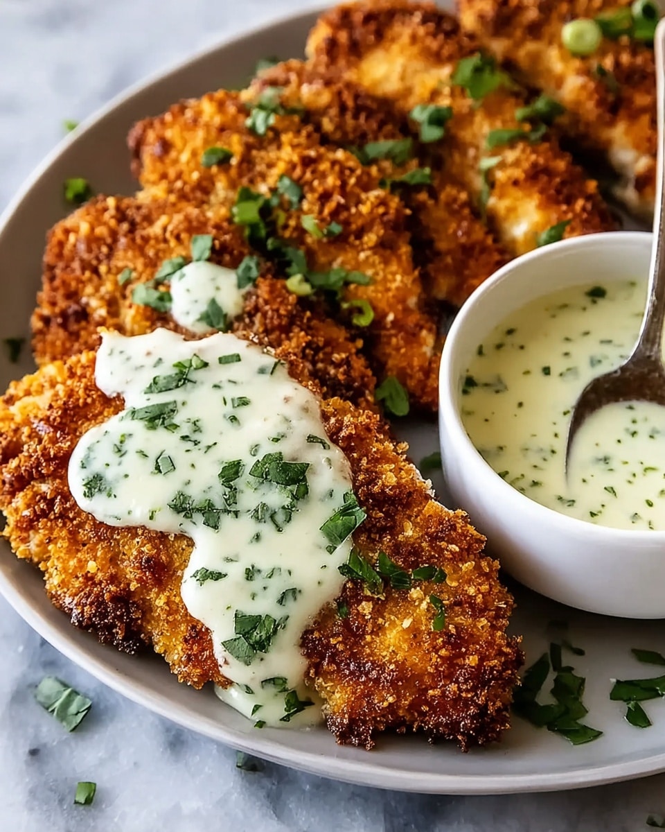 A close-up view of a white plate holding several pieces of golden brown, crispy breaded chicken, nicely cooked with a crunchy texture on the outside. On top of one chicken piece, a creamy white sauce with chopped green herbs is poured, adding a smooth contrast to the crunchy chicken. Small fresh green herb pieces are sprinkled over the chicken and sauce, enhancing the color. Next to the chicken on the plate is a white bowl filled with the same creamy sauce, with a spoon inside it. The whole scene sits on a white marbled surface. photo taken with an iphone --ar 4:5 --v 7