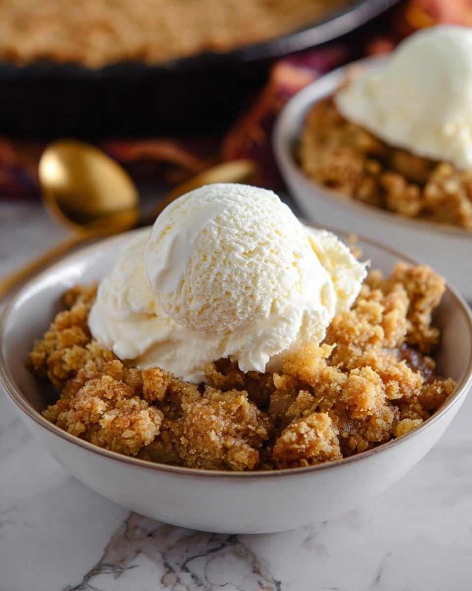 A close-up of a white bowl filled with a layered dessert. The bottom layer is a soft, moist golden-brown crumbly cake or pie filling with a rough texture. On top of this, there is a generous scoop of smooth, creamy white vanilla ice cream, slightly melting at the edges. In the background, there is another bowl of the same dessert that is slightly out of focus, and a gold spoon is visible behind the bowl on a white marbled surface. Photo taken with an iphone --ar 4:5 --v 7