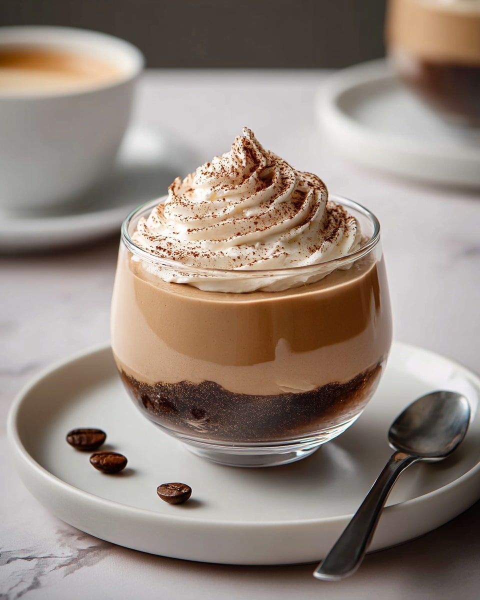The image shows a clear glass with three layers: a dark brown coffee jelly at the bottom, a smooth light brown creamy layer in the middle, and a swirl of white whipped cream on top dusted with cocoa powder. The glass is placed on a white plate with a few coffee beans scattered around and a silver spoon resting beside it. In the background, there is a blurred white bowl with a similar creamy coffee drink with a swirl on top. The scene is set on a white marbled texture surface. Photo taken with an iphone --ar 4:5 --v 7