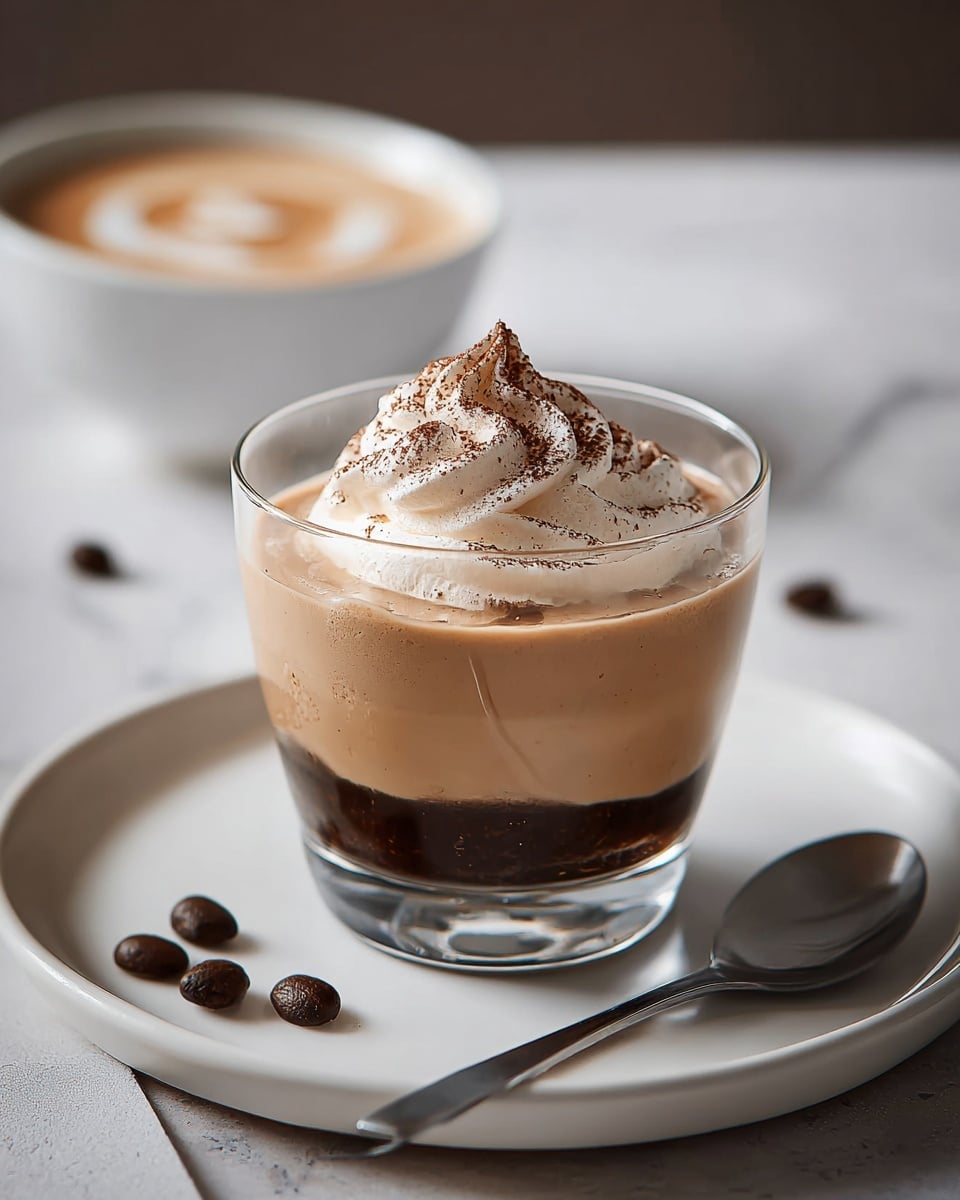 A clear glass cup filled with a dessert showing three layers: the bottom layer is dark chocolate with a rich texture, the middle layer is smooth light brown coffee cream, and the top layer is a swirl of creamy white whipped cream dusted with a sprinkle of cocoa powder. The glass cup is placed on a white plate with three coffee beans on it, and a silver spoon lies on the plate beside the cup. In the blurred background, there is a white cup filled with frothy coffee, resting on a white marbled surface. photo taken with an iphone --ar 4:5 --v 7