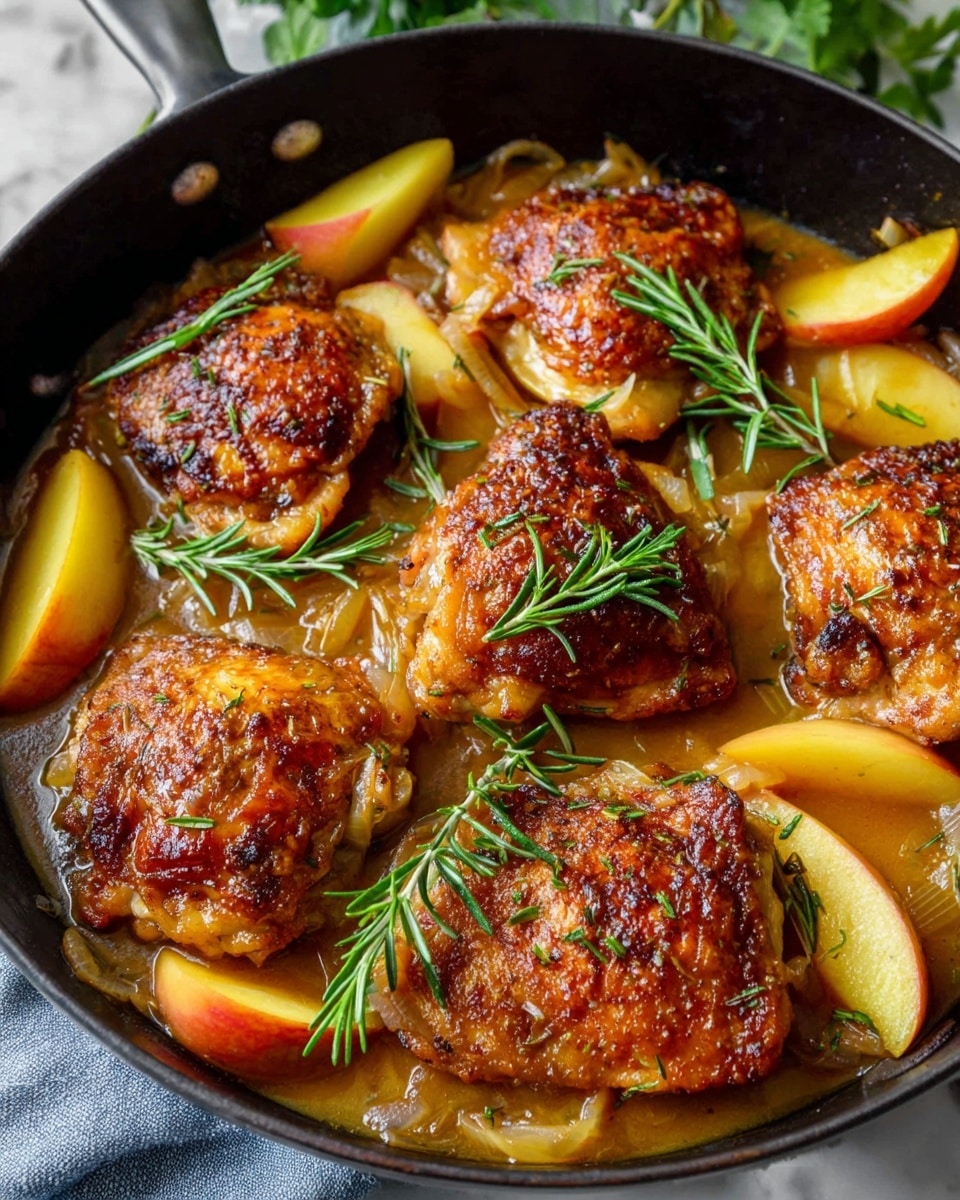 A close-up view of a black skillet filled with five pieces of golden brown, crispy chicken thighs arranged evenly on top. Underneath and around the chicken thighs are slices of yellow and red apple wedges and translucent cooked onions, all soaked in a light brown sauce with a glossy texture. Each chicken piece is garnished with fresh green rosemary sprigs that add a touch of color contrast. The skillet rests on a white marbled surface with a hint of greenery blurred in the background. photo taken with an iphone --ar 4:5 --v 7