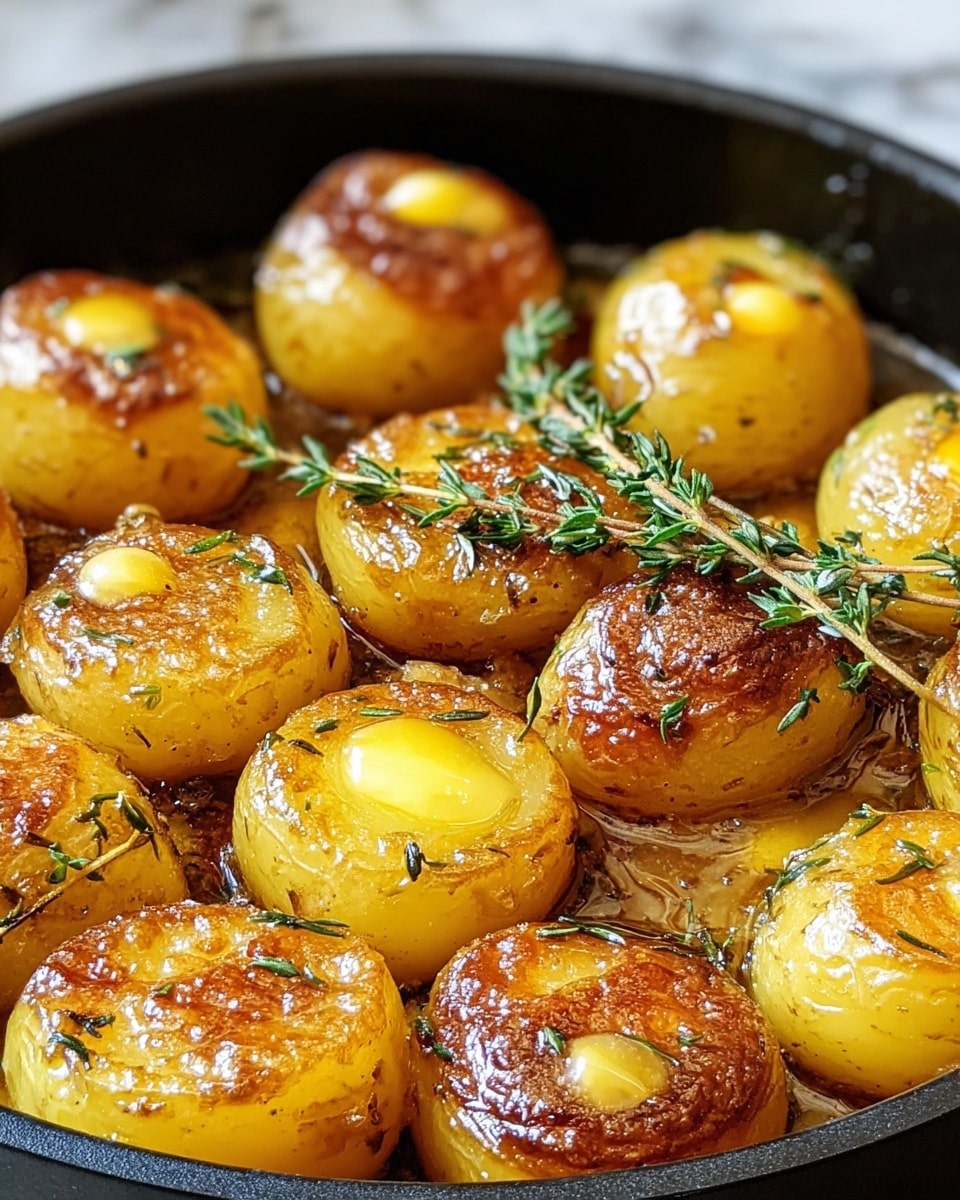 A close-up of a black pan filled with round, golden roasted potatoes, each with a light brown crispy top and glistening with melted butter pooled on their surface. The potatoes are arranged in a single layer, surrounded by a shiny, golden sauce, and topped with small green herbs, including a sprig of thyme placed diagonally across the pan. The background shows a white marbled texture. Photo taken with an iphone --ar 4:5 --v 7