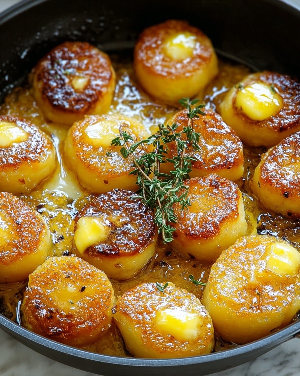The image shows a black frying pan filled with golden brown, round potato patties, each topped with melting yellow butter. The patties have a crispy and shiny surface with a slightly caramelized texture. A few sprigs of fresh green thyme are placed in the middle, adding a touch of color and freshness. The butter creates a glossy sheen over the patties with some cushioning of light yellow melted pools. The pan is set on a white marbled surface. photo taken with an iphone --ar 4:5 --v 7