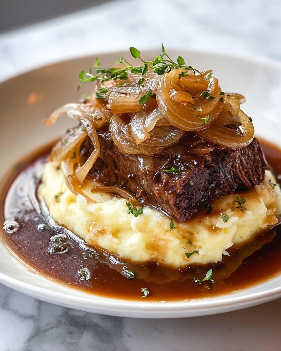 The dish is shown on a white plate, sitting on a white marbled surface. The base layer is a thick piece of dark brown, tender meat with visible fibrous texture. On top of the meat is a generous scoop of creamy, pale yellow mashed potatoes that look smooth but slightly fluffy. Resting on the mashed potatoes are thin, glossy slices of caramelized onions in a rich amber-brown color, with a few small green herb sprigs scattered on and around the layers. Surrounding the meat and potatoes is a shiny dark brown gravy sauce that pools nicely on the plate, adding a moist finish to the dish. Photo taken with an iphone --ar 4:5 --v 7