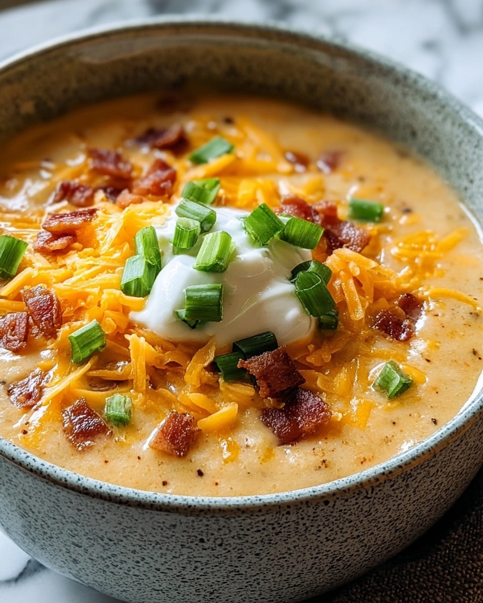 A bowl of creamy potato soup with a thick, light beige base filled with soft potato chunks. The soup is topped with small crispy bacon pieces and scattered orange shredded cheese. In the center, there is a dollop of white sour cream, garnished with chopped green onions evenly spread on top. The bowl has a speckled brown outer surface and is placed on a white marbled texture. photo taken with an iphone --ar 4:5 --v 7