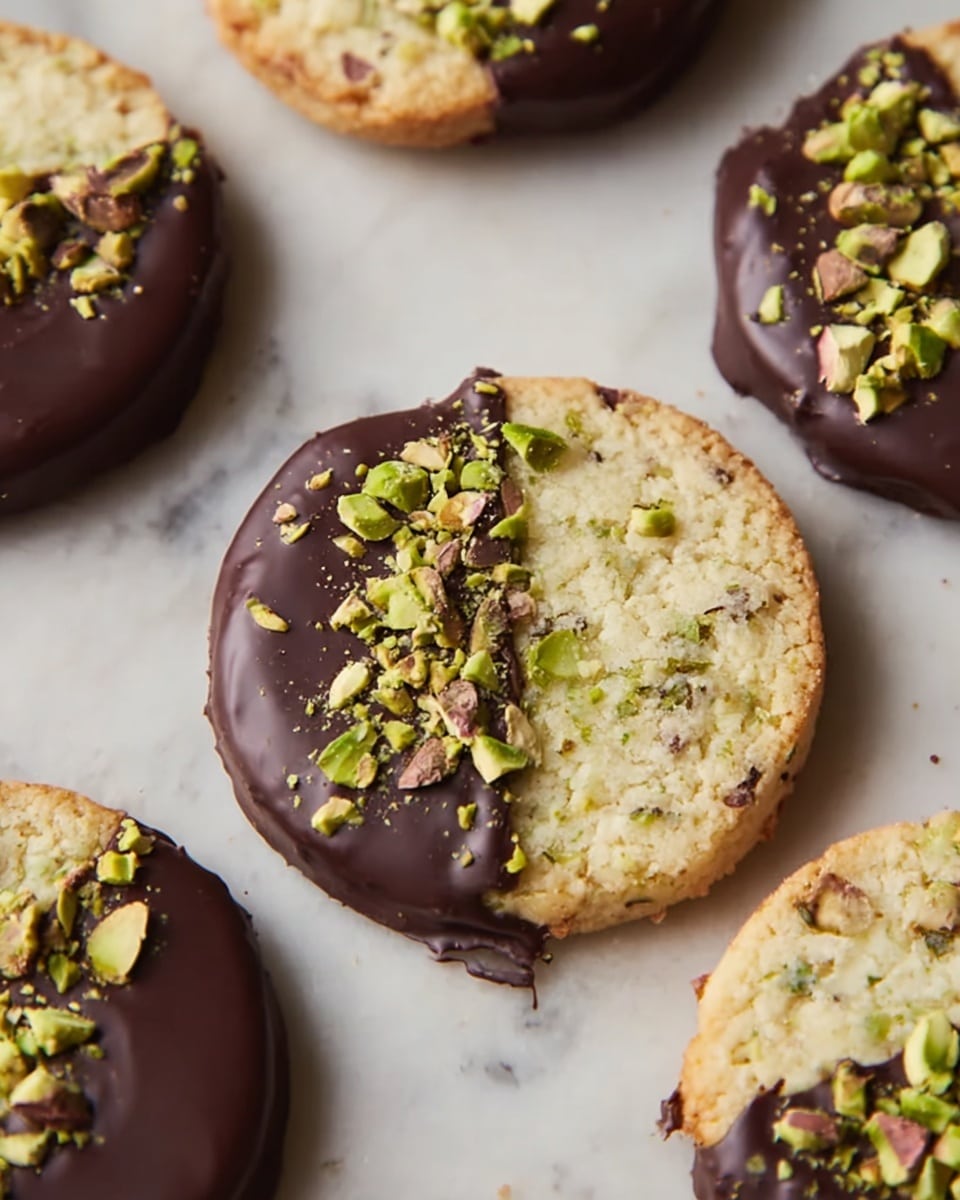 The image shows round cookies on a white marbled surface, each cookie roughly half covered with a layer of dark chocolate that is smooth and glossy. The uncovered half of the cookie is light beige with small bits of pistachio nuts embedded inside, giving it a rough texture. On top of the chocolate layer, there are scattered chopped green pistachio pieces adding a crunchy texture. The edges of the cookies are lightly browned, and the cookies appear thick and soft. Photo taken with an iphone --ar 4:5 --v 7