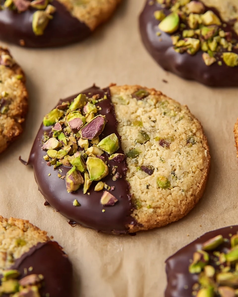 The image shows round cookies with a rough, light brown base layer, mixed with small green pistachio pieces throughout. Each cookie is half dipped in a smooth, dark chocolate coating that covers about half the cookie's surface and has a shiny texture. On top of the chocolate is a scattering of chopped pistachios in varying shades of green and light brown, adding a crunchy look. The cookies rest on a light brown parchment paper, with the focus on one cookie in the center and parts of other cookies around it. photo taken with an iphone --ar 4:5 --v 7