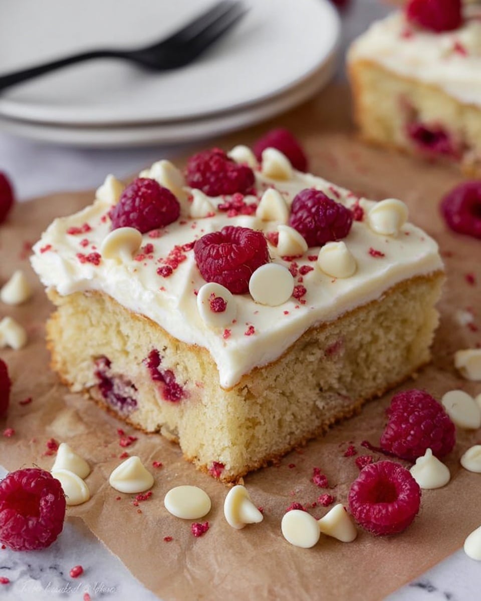 A square piece of light golden cake with a thick, creamy white frosting layer on top, decorated with whole red raspberries and small white chocolate chips, as well as scattered red crumbs. Inside the cake, raspberries are visible, adding pops of red to the moist, soft crumb. The cake is placed on brown parchment paper, with more white chocolate chips and raspberries scattered around. A white plate with a black fork is seen in the background, all set on a white marbled surface. photo taken with an iphone --ar 4:5 --v 7