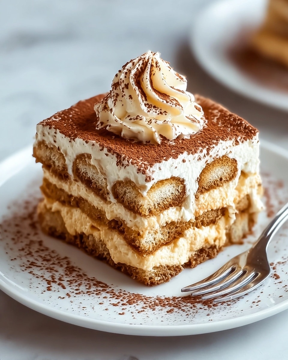 A square slice of tiramisu sits on a white plate with some cocoa powder lightly sprinkled around it. The dessert has three clear layers of light brown coffee-soaked ladyfingers, each separated by smooth, creamy white mascarpone layers. On top, there is a thick layer of creamy mascarpone dusted with cocoa powder, finished with a swirl of whipped cream in the center, also sprinkled with cocoa powder. The texture looks soft and moist, with the ladyfingers showing porous sides. A fork is placed beside the plate on a white marbled surface. Photo taken with an iphone --ar 4:5 --v 7