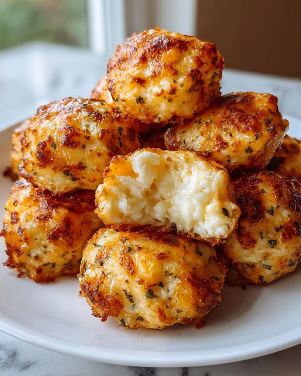 A close-up view of a white plate holding a pile of eight golden-brown baked cheese bites. These bites are round and textured with a crispy, slightly browned outer layer dotted with small green herb flakes. One bite is broken in half on top, showing a soft, gooey white cheese inside with a creamy texture. The plate is placed on a white marbled surface, and light shines from a window in the background, highlighting the rich, bubbly cheese and crispy edges. photo taken with an iphone --ar 4:5 --v 7