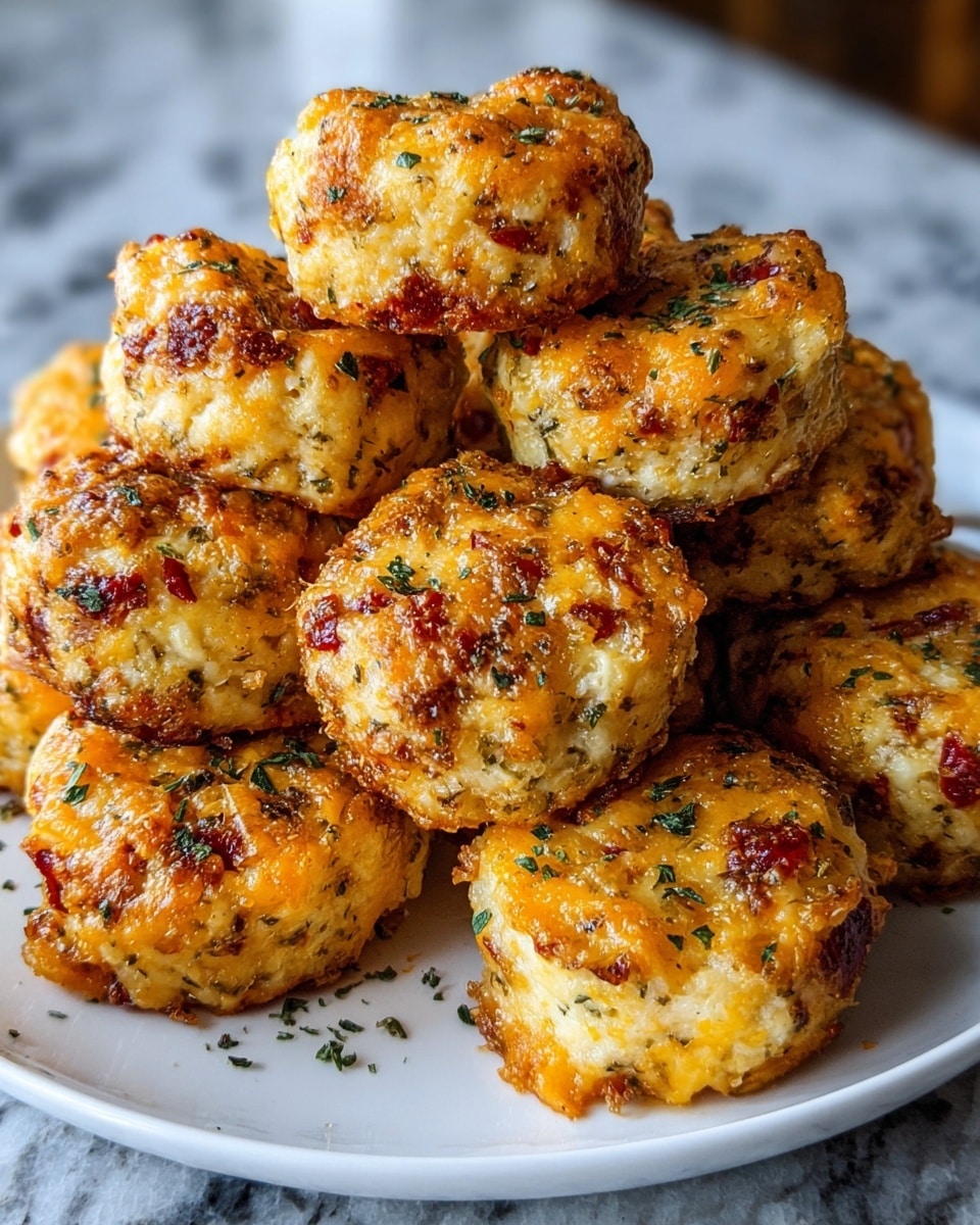 A white plate full of about ten round, golden brown cheese and herb bites stacked in a heap. Each bite has a rough, crispy texture on the outside with visible small red pieces and green herb flakes sprinkled on top and throughout. The cheese looks melted and slightly browned, giving a crunchy look on the edges. The background shows a soft-focused kitchen counter with a white marbled texture surface. photo taken with an iphone --ar 4:5 --v 7