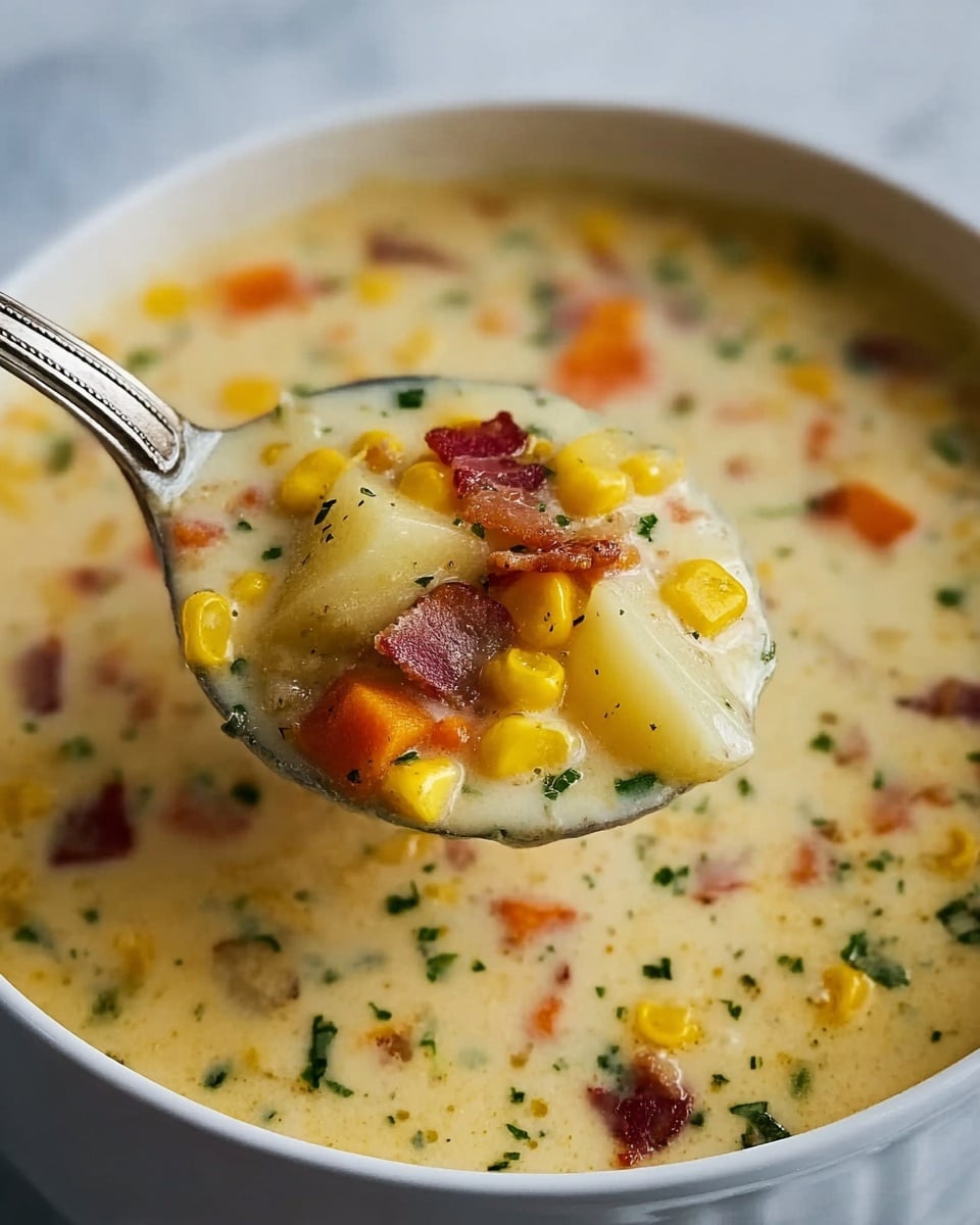 A spoon filled with thick creamy soup is held above a white bowl, showing chunks of yellow corn, small pieces of white potatoes, orange carrots, and bits of dark red bacon, all suspended in a smooth, pale yellow creamy broth with small green herb flecks sprinkled throughout. The soup has a hearty texture with visible layers of vegetables and bacon, giving it a rich and comforting look. The bowl is set against a white marbled surface. photo taken with an iphone --ar 4:5 --v 7