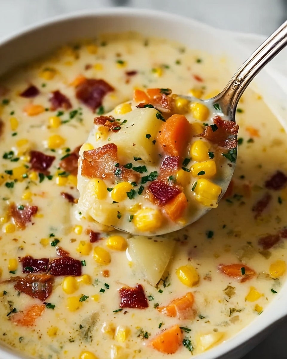 A close-up image of creamy corn chowder in a white bowl, showing a rich thick white-yellow soup base filled with bright yellow corn kernels, small white potato chunks, and soft orange carrot pieces. There are dark red bacon bits scattered throughout, along with tiny green herb sprinkles on top. A spoon lifts a generous scoop of the chowder, highlighting the vibrant mix of colors and chunky textures against the smooth creamy broth. The background is a white marbled surface. photo taken with an iphone --ar 4:5 --v 7