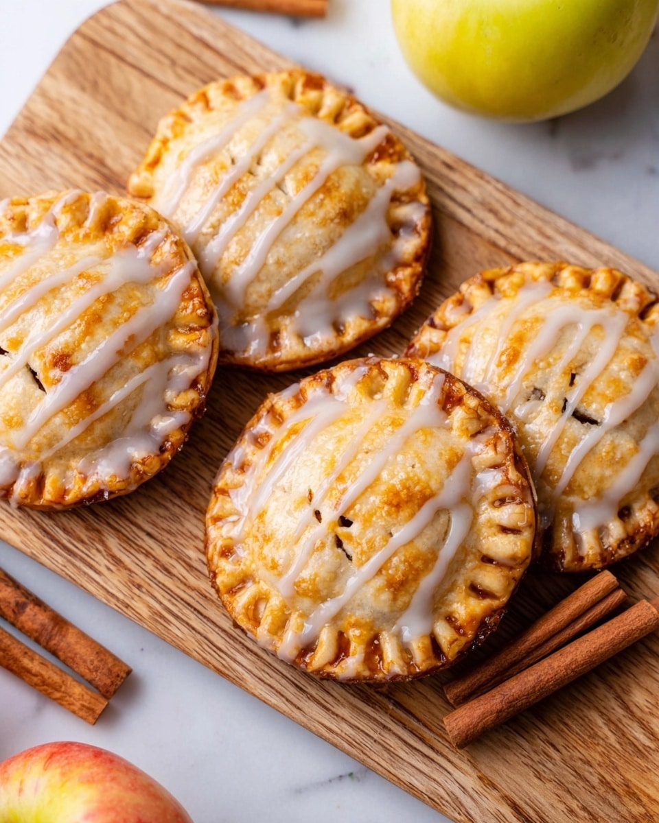 The image shows four small round hand pies arranged in a line on a long white wooden tray with a light brown color and grain texture. Each hand pie has a golden-brown baked crust with a scalloped edge made by pressing with a fork. The crust is glossy and slightly shiny, with visible small vents on top. The pies are topped with an off-white glaze drizzled in thin, irregular lines across the surface, giving a shiny, smooth texture. The tray is placed on a white marbled surface, with a fresh apple and a cinnamon stick visible near the top right and bottom left corners of the image. Photo taken with an iphone --ar 4:5 --v 7