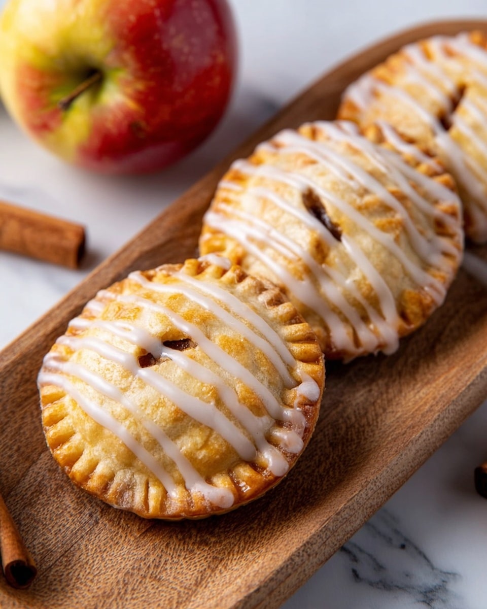 The image shows three small round pastries with golden brown crusts, arranged in a row on a wooden tray. Each pastry is covered with white icing drizzled in thin, uneven stripes across the top layer. The crust edges have a crimped texture, and there is a small cut or vent in the center of each pastry. To the side of the tray, a whole apple with red and yellow skin is partially visible, resting on a white marbled surface. A piece of cinnamon stick can also be seen near the tray's corner. Photo taken with an iphone --ar 4:5 --v 7