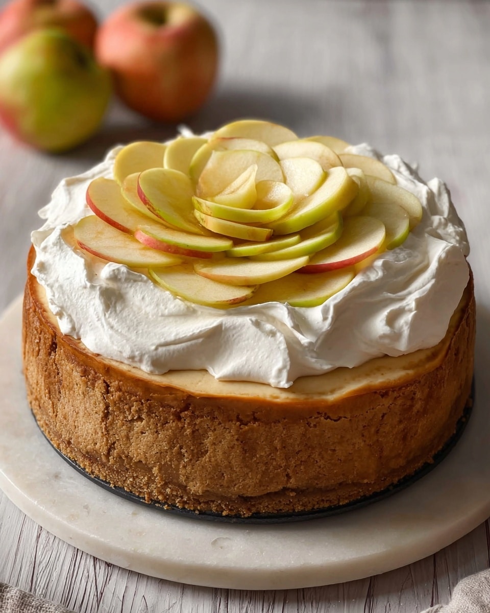 A round cheesecake with a thick, crumbly golden-brown crust surrounds the light tan filling layer in the center. On top, there is a generous swirl of white whipped cream with soft peaks, covering most of the surface. Thin slices of yellow-green apples with red edges are arranged in a circular, overlapping pattern on the whipped cream, forming a flower shape. The cheesecake sits on a white plate with a white marbled texture background, and two blurred apples are in the background. Photo taken with an iphone --ar 4:5 --v 7