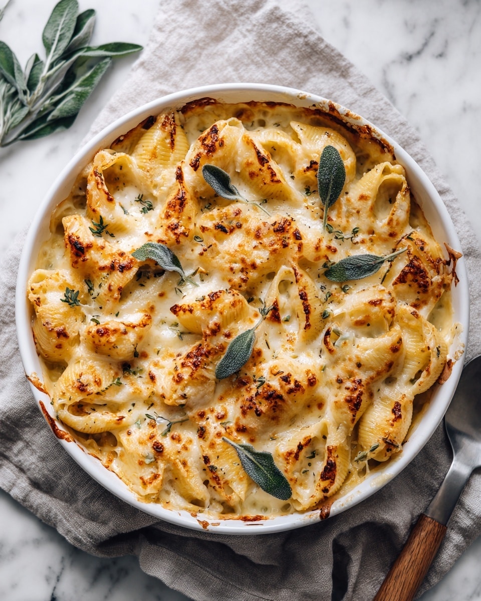 A white round baking dish holds baked pasta shells covered in a creamy, golden cheese sauce. The pasta shells have a light brown crust on top from being baked, with melted cheese filling each shell and bubbling around the edges. Fresh green sage leaves are scattered over the top, adding color contrast and texture. The dish rests on a soft, light gray cloth placed on a white marbled surface, with a wooden handle visible near the edge. photo taken with an iphone --ar 4:5 --v 7