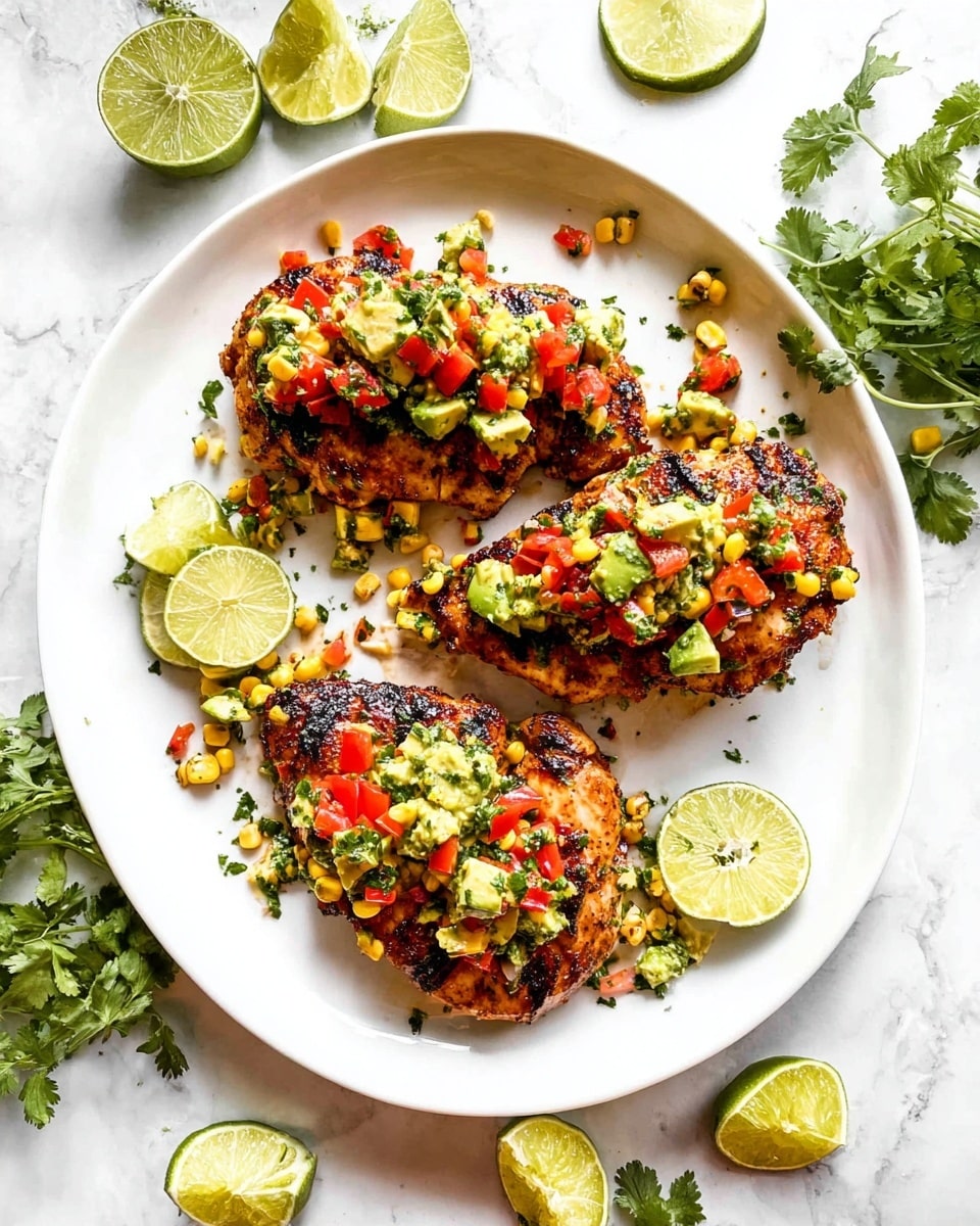 Three grilled chicken breasts are placed on a large white plate on a white marbled surface. Each chicken breast is topped with a colorful mix of diced avocado, red tomatoes, corn kernels, and chopped green herbs, creating a vibrant, textured layer on top. Around the plate are scattered fresh cilantro leaves and lime wedges, some halved and some quartered, adding pops of green and yellow. The overall look is fresh and bright with a mix of warm grilled tones from the chicken and lively fresh colors from the toppings and garnishes. Photo taken with an iphone --ar 4:5 --v 7