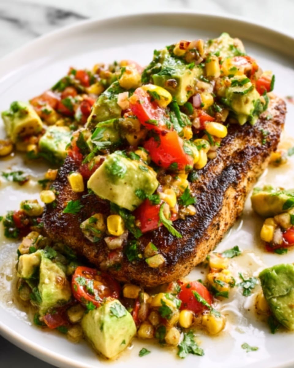 A white plate holds a dark brown grilled piece of fish topped with a colorful salsa made of light green avocado chunks, small bright red tomato pieces, pale yellow corn kernels, and finely chopped green herbs, creating a fresh and textured look. Some salsa spills onto the plate, adding a casual feel, while the background features a white marbled surface that complements the vibrant colors of the dish. Photo taken with an iphone --ar 4:5 --v 7