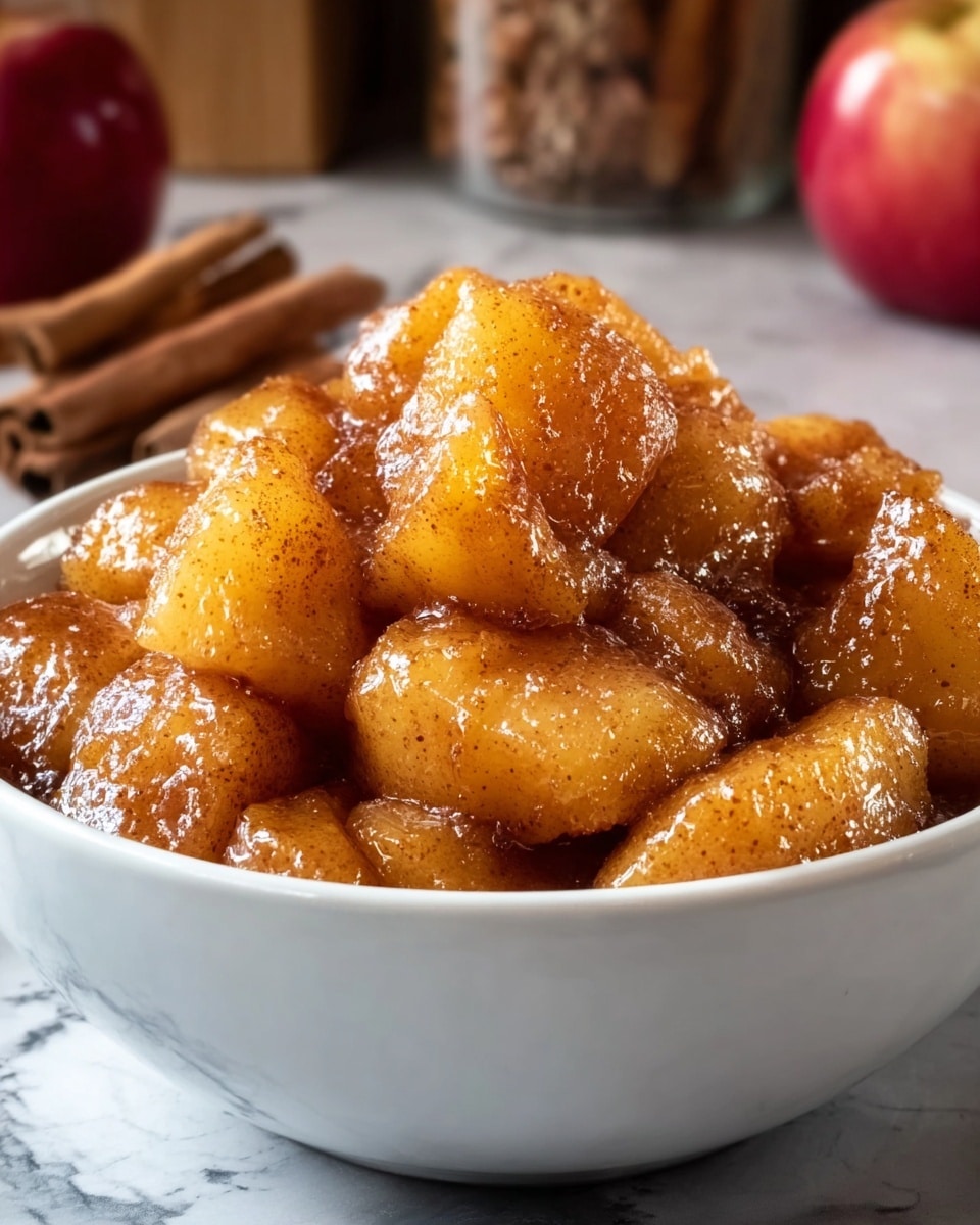 The image shows a close-up of a white bowl filled with glossy, caramelized apple chunks coated in a thick cinnamon-spiced syrup. The apple pieces are soft and golden brown, piled high with a shiny, sticky texture that highlights the coating of cinnamon and sugar crystals. In the background, there are blurred cinnamon sticks and an apple that add a warm, rustic feel. The bowl is placed on a white marbled surface enhancing the rich caramel color of the apples. photo taken with an iphone --ar 4:5 --v 7