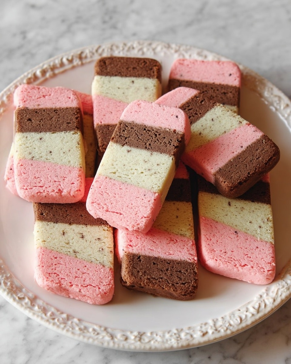 The image shows a white decorative plate filled with rectangular, layered cookies arranged neatly. Each cookie has three distinct horizontal layers: the top and bottom layers are soft pink with a smooth texture, the middle layer is a light beige with small darker specks giving it a slightly grainy look, and a dark brown layer sits just next to the beige, adding a rich contrast. The cookies are stacked closely, showing their crisp edges and uniform thickness. The plate is placed on a white marbled surface, complementing the soft pastel and dark shades of the cookies. Photo taken with an iphone --ar 4:5 --v 7