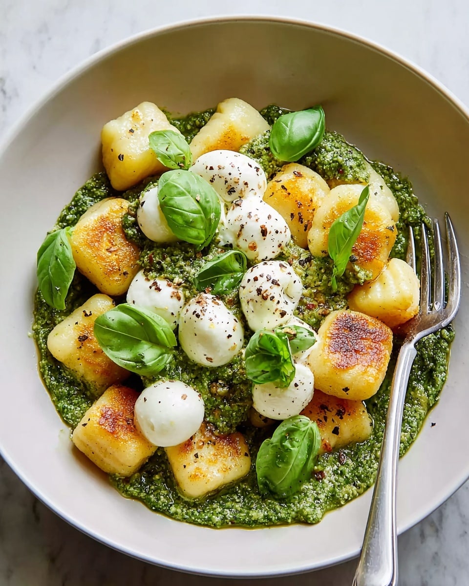 A white shallow bowl holds golden-brown, pan-seared gnocchi pieces that are lightly crispy on the outside, arranged over a bed of vibrant green pesto sauce with a coarse texture. On top, a layer of small, soft, white mozzarella balls is sprinkled with cracked black pepper, adding a speckled look. Fresh bright green basil leaves are placed on and around the mozzarella, adding fresh color contrast. A silver fork rests on the right side of the bowl. The bowl sits on a white marbled surface. photo taken with an iphone --ar 4:5 --v 7