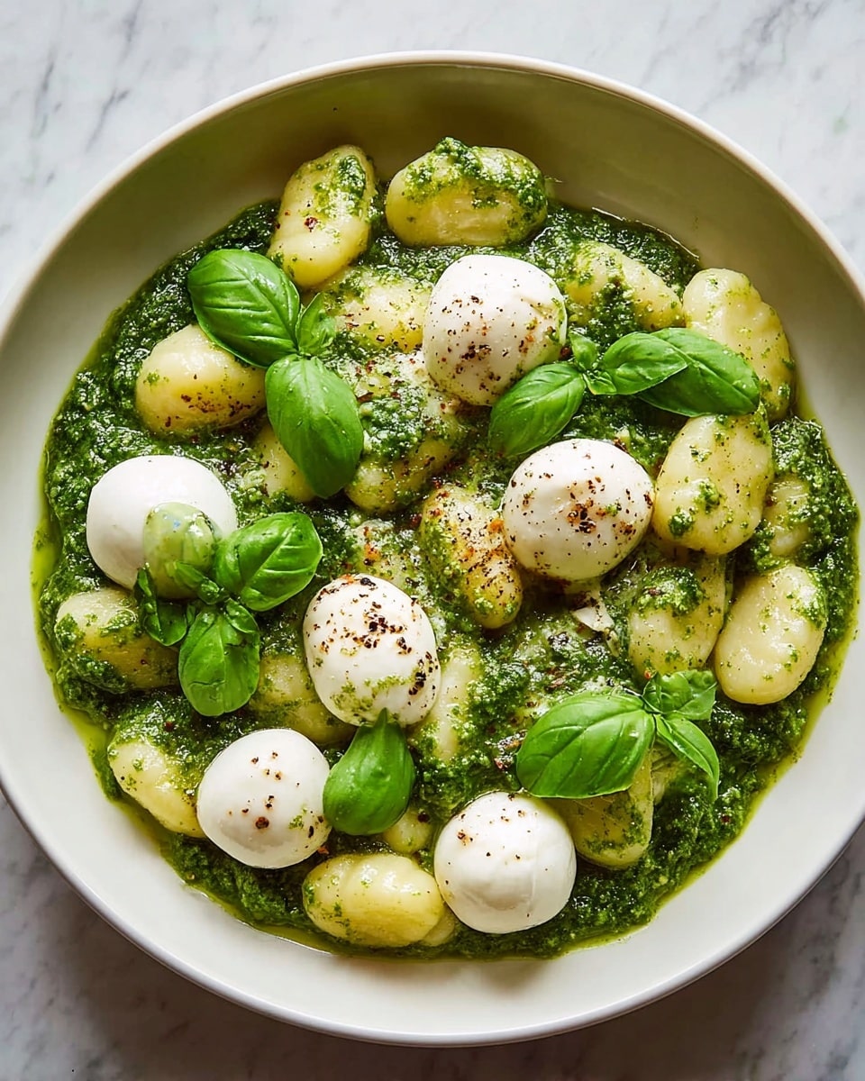 A white bowl filled with plump, smooth gnocchi covered in a thick green pesto sauce with visible herbs and oil, topped with five soft white mozzarella balls sprinkled with coarse black pepper, and garnished with several fresh bright green basil leaves scattered across the dish, all set on a white marbled surface, photo taken with an iphone --ar 4:5 --v 7