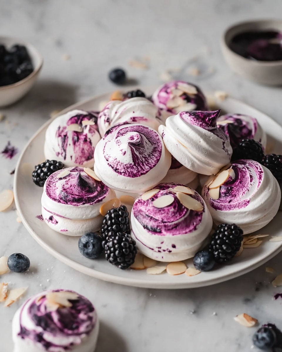 A white plate holds a pile of round meringue cookies, each with a white base and vivid purple swirls on top, giving a marbled effect with smooth and slightly cracked textures. The meringues are sprinkled with thin almond slices and scattered fresh blackberries and blueberries add dark glossy pops of color around the cookies. The plate is set on a white marbled surface with some crumbs and a few loose berries nearby, creating a rustic, inviting look. Photo taken with an iphone --ar 4:5 --v 7