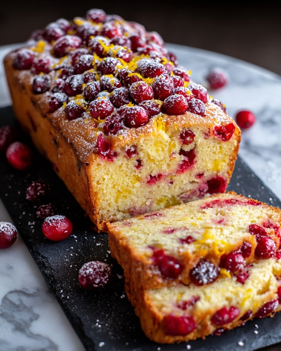 A loaf-style cake with one slice cut and placed in front, showing a moist, pale yellow crumb studded evenly with bright red cranberries and small yellow-orange zest pieces throughout. The top layer of the cake is golden brown and covered with fresh, shiny cranberries dusted lightly with powdered sugar and scattered bits of zest, adding a colorful, textured look. The cake rests on a black slate board with a few loose cranberries placed around it, all set on a white marbled surface. photo taken with an iphone --ar 4:5 --v 7