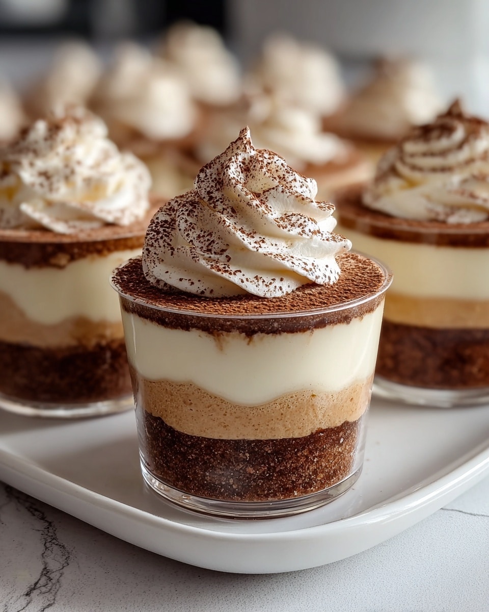 A clear cup shows a three-layer dessert with a dark brown crumbly base, a thick cream-colored middle layer, and a light brown fluffy top layer. On top of this, there is a swirl of white whipped cream dusted with cocoa powder. Several similar cups are placed on a white plate on a white marbled surface in the background. photo taken with an iphone --ar 4:5 --v 7