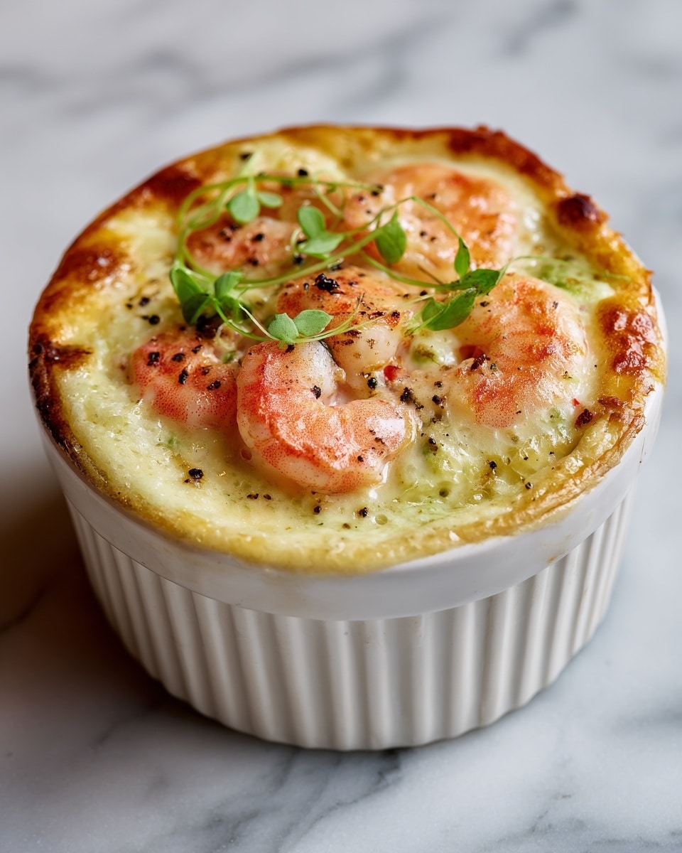 The dish is served in a white ribbed ramekin filled with a creamy white sauce layer speckled with small green herb pieces and black pepper. On top, there are five pink and white cooked shrimp, slightly curled and garnished with fresh chopped green herbs. Surrounding the shrimp, a golden-brown biscuit crust rises slightly above the sauce, with a small piece broken off showing its soft, crumbly texture. The ramekin sits on a white marbled surface. photo taken with an iphone --ar 4:5 --v 7