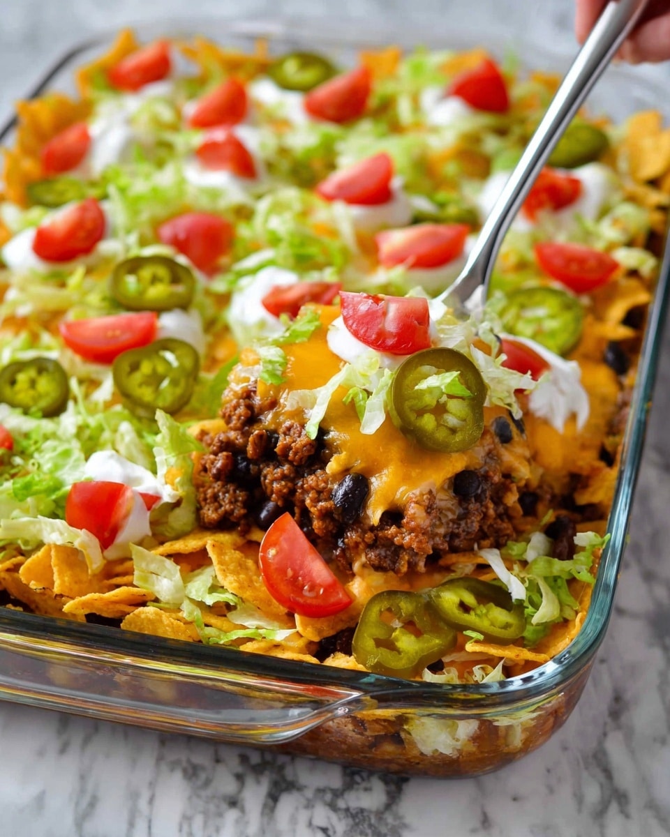 A clear glass baking dish holds a layered taco casserole on a white marbled surface, with a woman's hand holding a silver spoon scooping a portion. The bottom layer is a dark mix of black beans and cooked ground beef, topped by melted yellow and orange cheese that covers the surface. On top of the cheese layer, fresh green shredded lettuce forms a bed for scattered yellow Fritos chips, bright red tomato wedges, and round green jalapeño slices. Small dollops of white sour cream sit on the lettuce for a creamy touch. The layers together make a colorful and textured dish. photo taken with an iphone --ar 4:5 --v 7