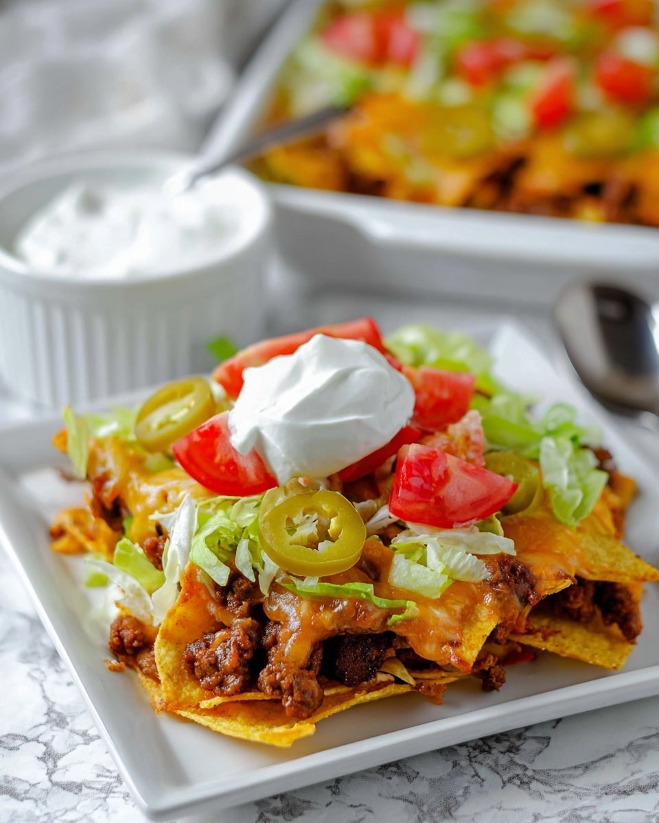 The image shows a white square plate filled with layered nachos. The bottom layer is golden yellow crunchy tortilla chips topped with melted brown and orange cheese mixed with cooked ground beef. Above this is a layer of fresh, light green shredded lettuce, bright red tomato wedges, and a few round slices of green jalapeño peppers. On top, there is a dollop of smooth white sour cream. The plate sits on a white marbled surface with a white bowl of sour cream and a spoon in the background. photo taken with an iphone --ar 4:5 --v 7