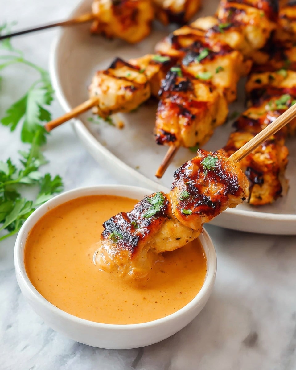 A close-up view of grilled chicken skewers with three golden-brown, slightly charred pieces on each bamboo skewer, showing a glaze that adds a shiny texture. The skewer in the front is dipped halfway into a small white bowl filled with a smooth, creamy orange sauce, with the chicken covered in a little sauce and topped with small green herb pieces. In the background, more skewers are laid on a round white plate, resting on a white marbled surface, with a sprig of fresh green herbs partially visible on the side. photo taken with an iphone --ar 4:5 --v 7