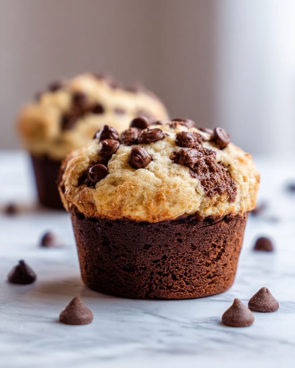 The image shows two muffins with two clear layers. The bottom layer is dark brown, smooth, and slightly dense with visible chocolate chips baked inside. The top layer is light tan with a crumbly and rough texture, dotted with more chocolate chips on the surface. The muffins sit directly on a white marbled surface, with several chocolate chips scattered around them. The background is softly blurred, highlighting the muffins in the front. photo taken with an iphone --ar 4:5 --v 7