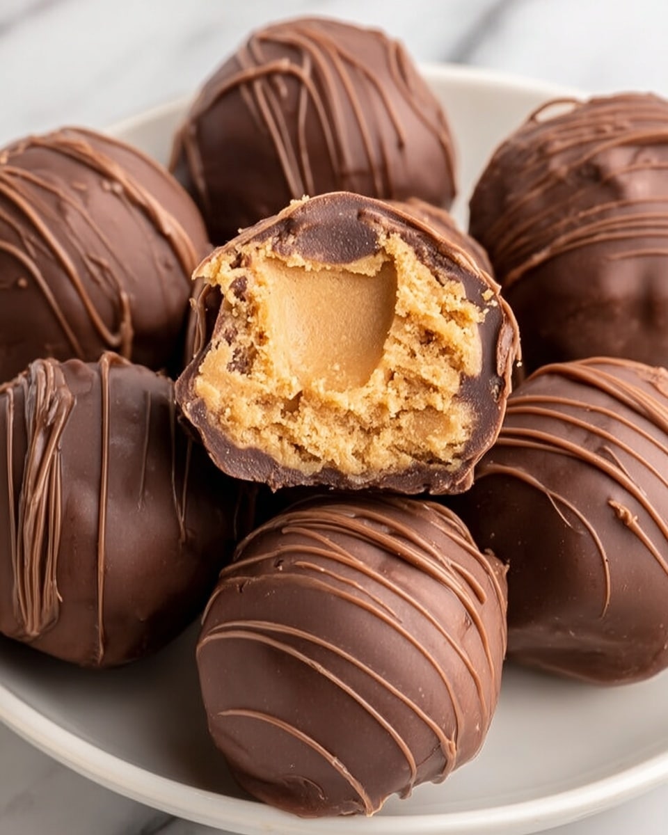 This image shows several round chocolate truffles with a smooth, slightly shiny dark brown chocolate coating. Each truffle is drizzled with thin lines of milk chocolate, creating a textured pattern on top. One truffle is cut in half and placed in the center, revealing a creamy, light tan peanut butter filling inside with a slightly crumbly texture. All the truffles are placed closely together on a white plate, which sits on a white marbled surface. The photo captures rich details of chocolate glossy shine and the soft creamy interior. photo taken with an iphone --ar 4:5 --v 7
