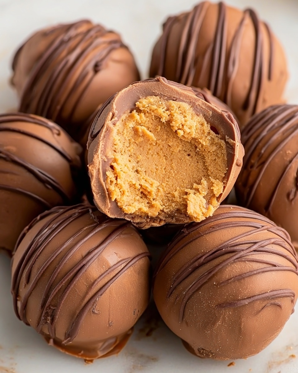 The image shows several round chocolate truffles arranged close together, placed on a white marbled surface. Each truffle has a smooth milk chocolate outer layer with thin drizzles of darker chocolate on top. One truffle in the center is cut open, revealing a thick, creamy light brown peanut butter filling inside with a slightly crumbly texture. The rich chocolate coating contrasts with the softer, dense filling inside photo taken with an iphone --ar 4:5 --v 7