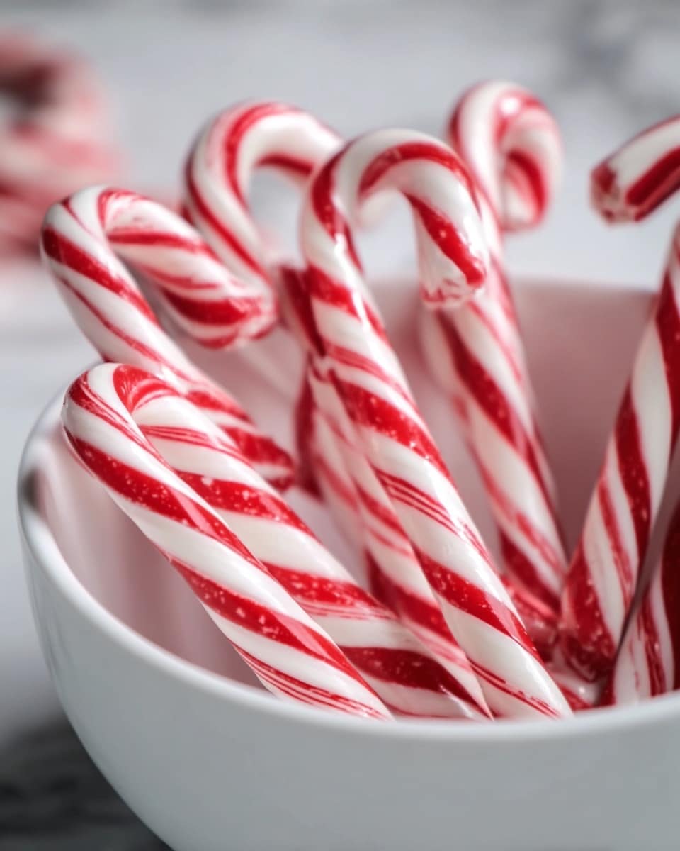 A white bowl filled with several candy canes standing upright. Each candy cane is white with bright red spiral stripes wrapping around them. The candy canes have a smooth, glossy texture that makes them look shiny. The background shows a soft white marbled surface with blurred candy canes in the distance, giving a cozy and festive feel. Photo taken with an iphone --ar 4:5 --v 7