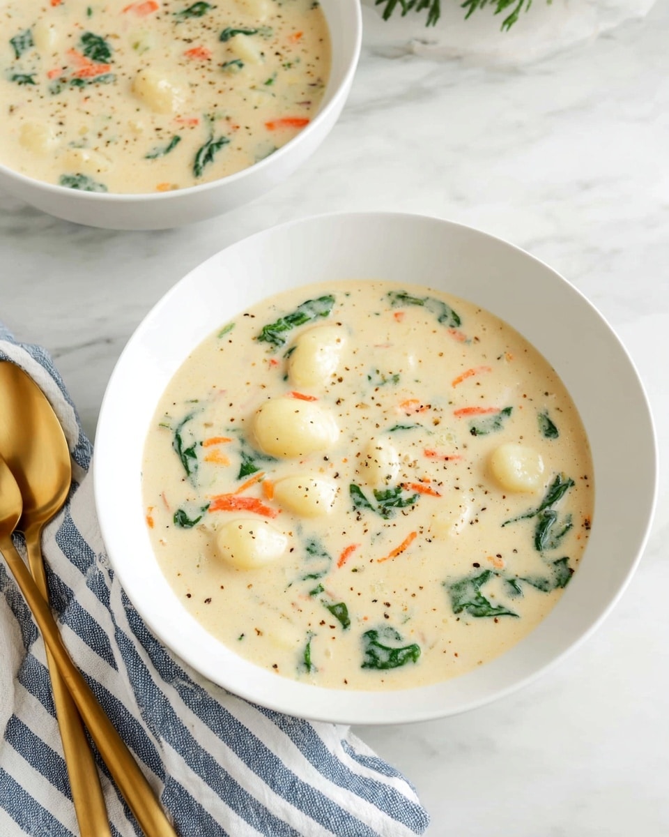 The image shows two white shallow bowls filled with creamy white soup that has a thick texture. The soup contains small round gnocchi pieces, thin orange carrot strips, and green spinach pieces scattered evenly throughout. The surface of the soup has a slight sheen with small black pepper specks visible. One bowl is in the front center, while the other is partially visible in the upper left corner. There is a white and blue striped cloth placed casually near the bowls on a white marbled table. Two gold spoons lie on the table near the bottom left of the image. Photo taken with an iphone --ar 4:5 --v 7