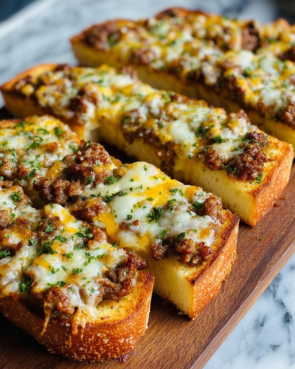 The dish shows several thick slices of toasted bread as the bottom layer, golden brown with a soft white inside; on top of the bread is a rich layer of cooked ground sausage with a slightly crumbly texture in brown shades; melted cheese in white and yellow colors covers the sausage, stretching slightly between slices; small bits of green herbs are sprinkled on top, adding a fresh touch; the slices are neatly arranged on a wooden board with a white marbled surface visible in the background. photo taken with an iphone --ar 4:5 --v 7