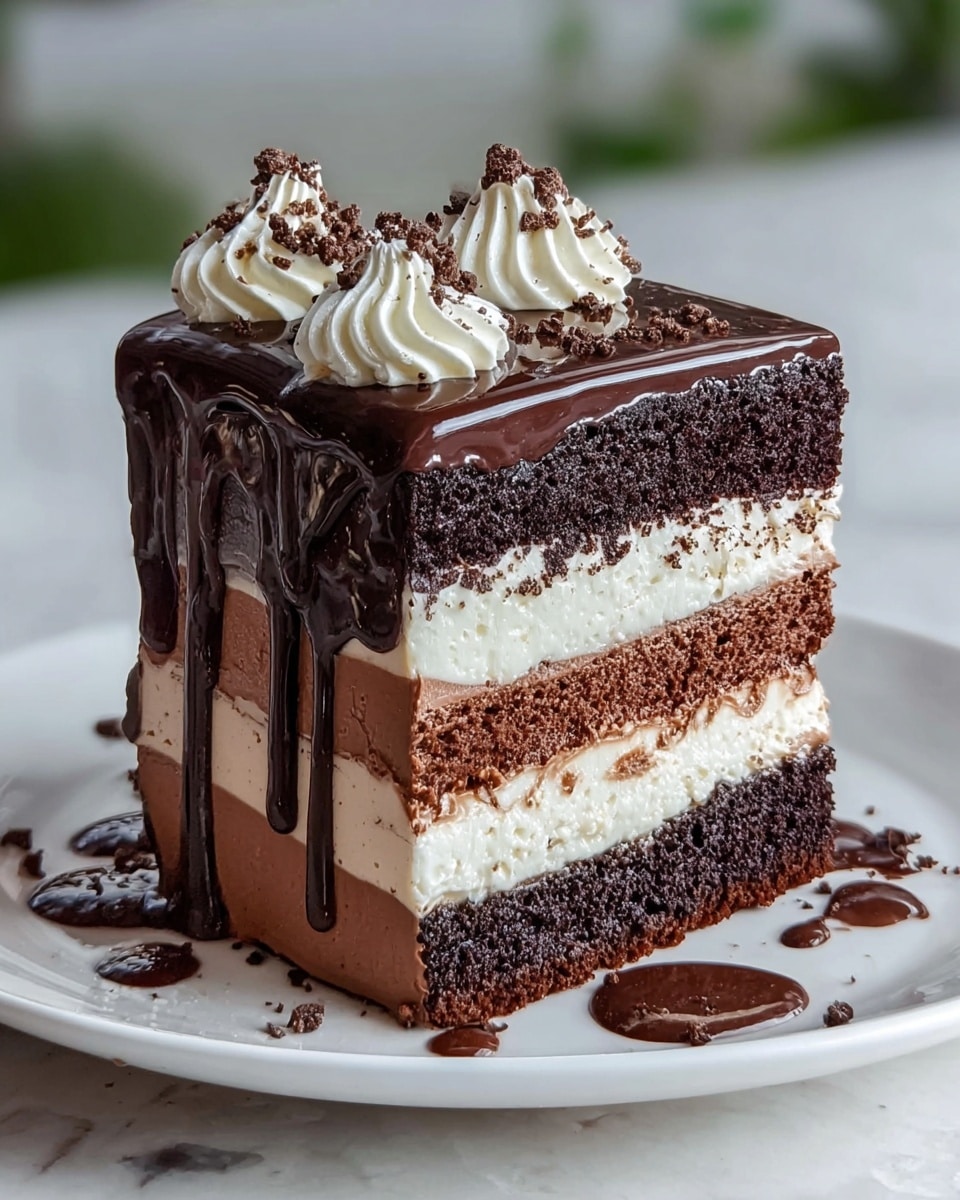 A rich chocolate cake slice with four layers sits on a white plate over a white marbled surface. The bottom layer is dark chocolate cake, topped by a creamy white layer, then another dark chocolate cake layer. Above that is a smooth milk chocolate layer, followed by a final dark chocolate cake layer. The top is covered with shiny dark chocolate ganache, dripping down the sides. Three small swirls of white whipped cream with chocolate crumbs are placed on top. There are drops and smears of chocolate sauce decorating the plate around the slice. Photo taken with an iphone --ar 4:5 --v 7