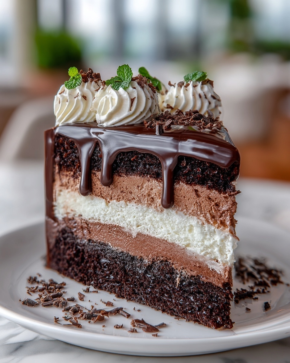 A slice of rich layered chocolate cake sits on a white plate with a white marbled surface underneath. The cake has five distinct layers: dark chocolate cake at the base, a thick smooth milk chocolate mousse above it, followed by another layer of dark chocolate cake, then a creamy white layer, and finally a top layer of dark chocolate cake. The entire slice is covered with a shiny dark chocolate ganache that drips down the sides, creating a glossy, smooth texture. On top, there are three swirls of white whipped cream garnished with chocolate shavings and small green mint leaves. The background is softly blurred showing indoor elements with a white marbled texture. photo taken with an iphone --ar 4:5 --v 7