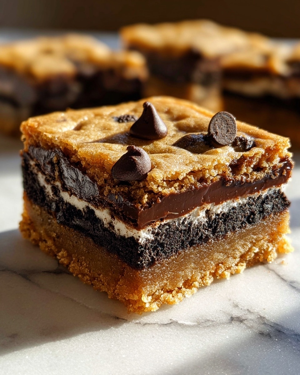 A close-up of a square dessert bar with four visible layers, resting on a white marbled surface. The bottom layer is a thick, golden-brown cookie crust with a crumbly texture. Above this is a smooth, dark chocolate layer, shiny and rich. The third layer is a black and white Oreo cookie layer, clearly showing the black cookie parts and white cream filling. The top layer is a golden brown, slightly cracked cookie dough with several chocolate chips embedded, one prominently centered. The dessert is well-lit with natural sunlight, highlighting the texture and thickness of each layer. Photo taken with an iphone --ar 4:5 --v 7