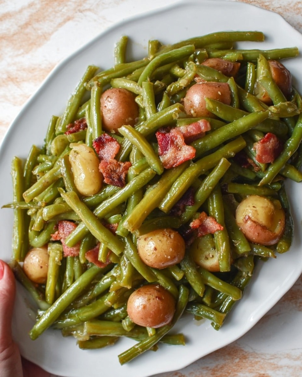 The dish shows a white oval plate filled with cooked green beans that are soft with a slightly shiny texture, mixed with small, round, reddish-brown potatoes and pieces of crispy bacon scattered throughout. The green beans are the main layer, with the potatoes and bacon pieces sitting on top and mixed in, creating a layered look of different green, red, and brown colors. The plate is placed on a white marbled surface with a small part of a woman's hand holding it on the edge. Photo taken with an iphone --ar 4:5 --v 7