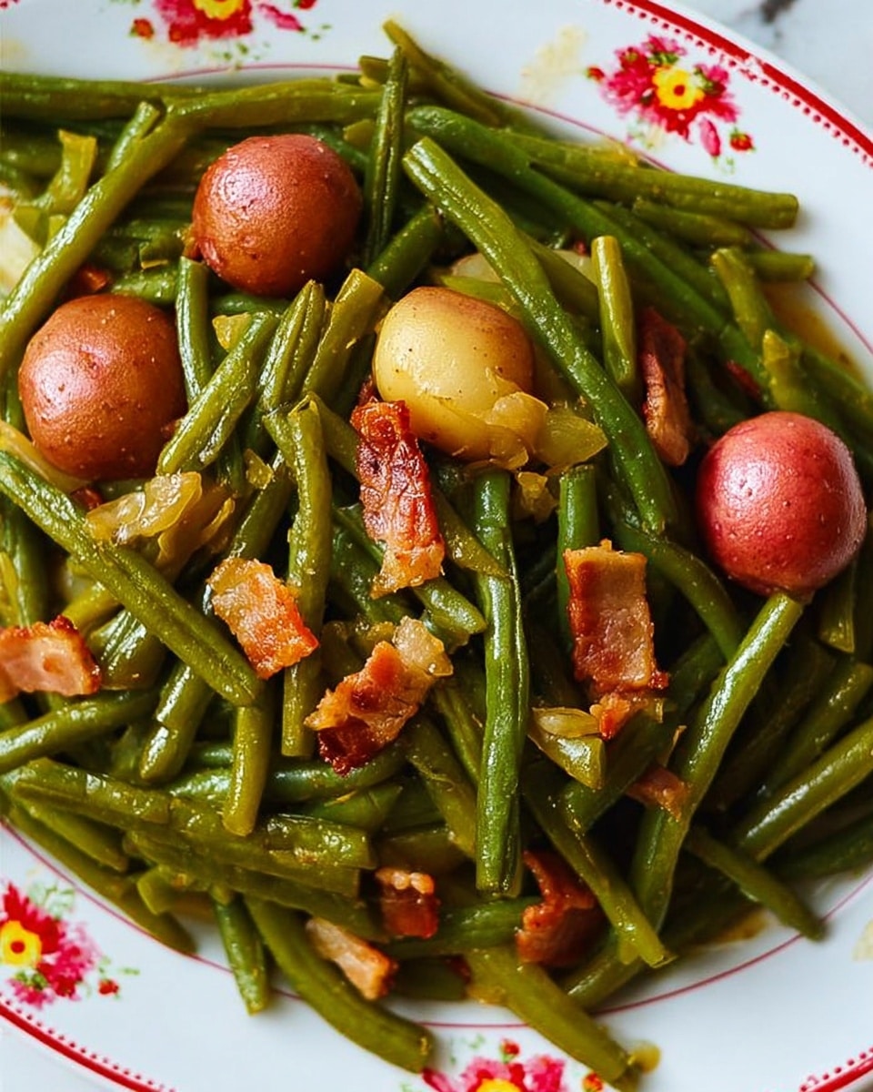 A close-up image of a dish on a white plate with small red and yellow flower patterns along the edge, placed against a white marbled surface. The dish has two main layers: the bottom layer is made up of cooked green beans that are slightly glossy and soft, covering the entire plate. Scattered on top of the green beans are pieces of cooked bacon, which are light brown and crispy, adding texture and color contrast. There are also a few whole small red potatoes with a smooth, slightly shiny skin placed among the green beans and bacon pieces. Photo taken with an iphone --ar 4:5 --v 7