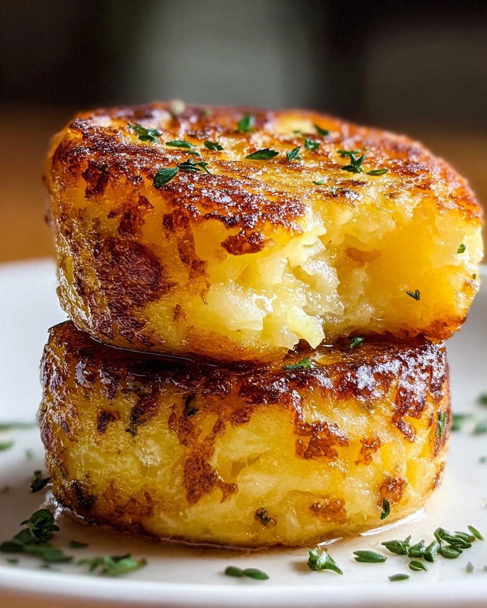 Two golden brown crispy potato cakes are stacked on a white plate with a white marbled surface background. The cakes show a crunchy outer layer with a slightly uneven texture and a soft, creamy, pale yellow inside. Small green herb pieces are sprinkled on top and around the cakes. The light reflects off the glistening, fried crust, enhancing the rich, warm colors. Photo taken with an iphone --ar 4:5 --v 7