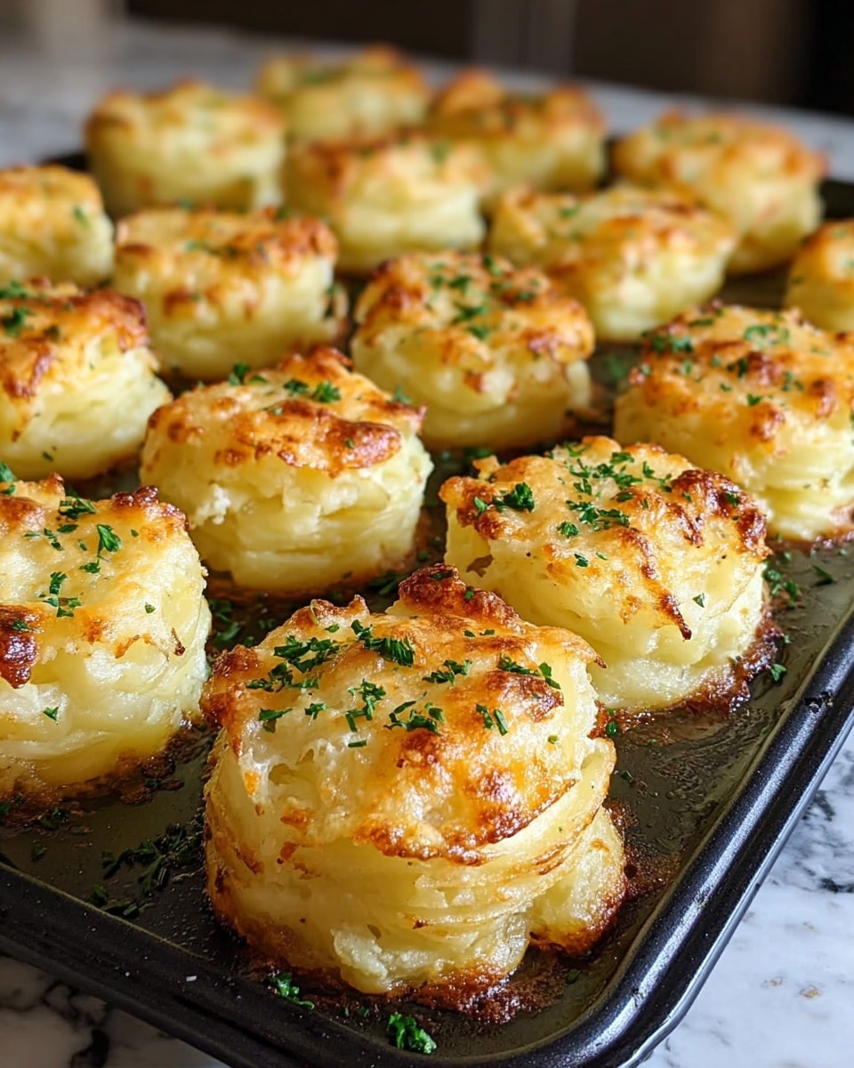 A black baking tray filled with about eighteen golden brown potato stacks, each stack made of soft, creamy mashed potato layers shaped like small, round towers with slightly crispy and browned edges on top. The potato stacks have a light, fluffy texture with a melted cheese layer giving a shiny, slightly crusty surface, and are sprinkled with small green parsley flakes for color contrast. The background shows a white marbled surface, and the angle is close-up, focusing on the warm, cooked potato stacks arranged in rows. photo taken with an iphone --ar 4:5 --v 7